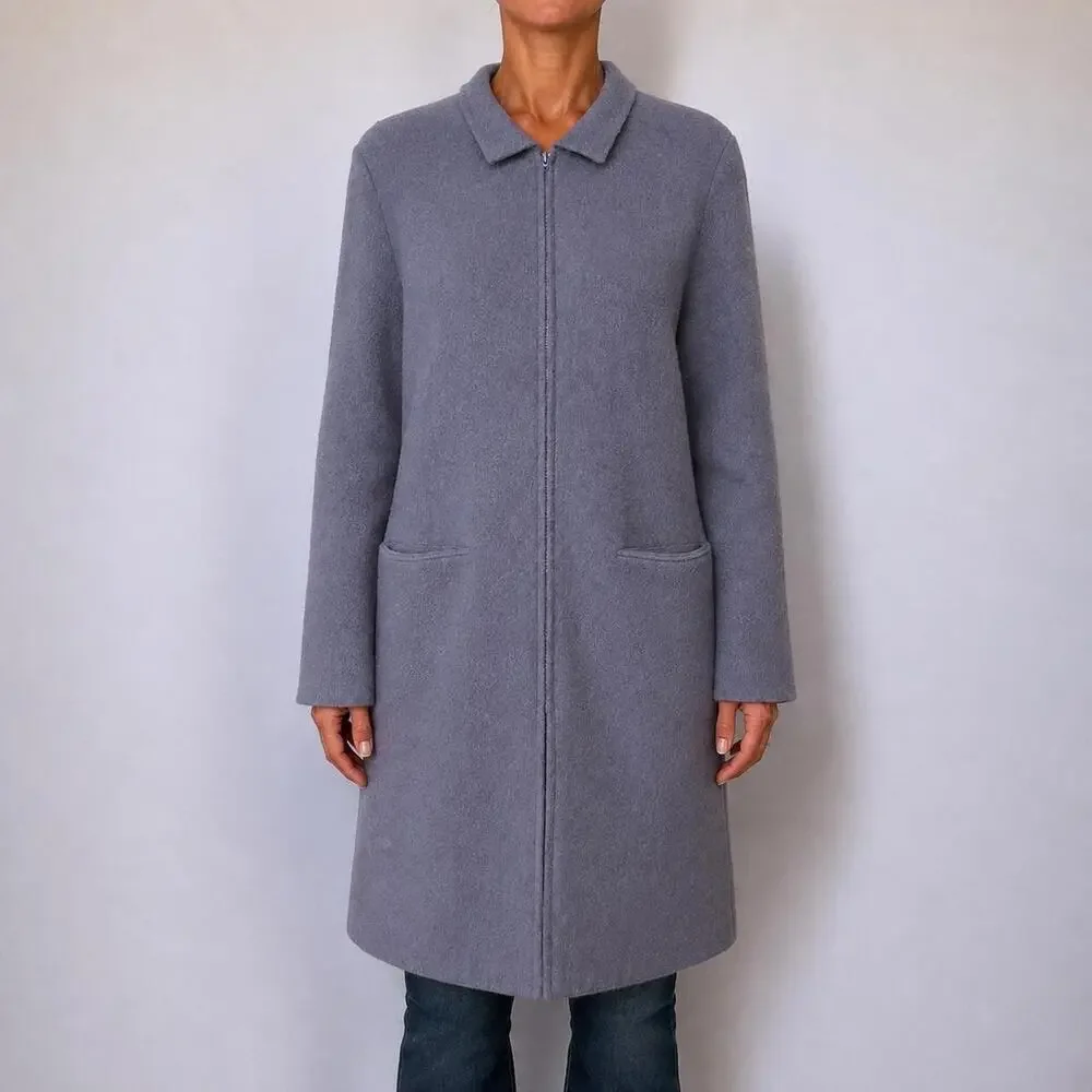 Vintage 90s Eileen Fisher 100% Wool Long Lavender trench Coat Size M Hong Kong